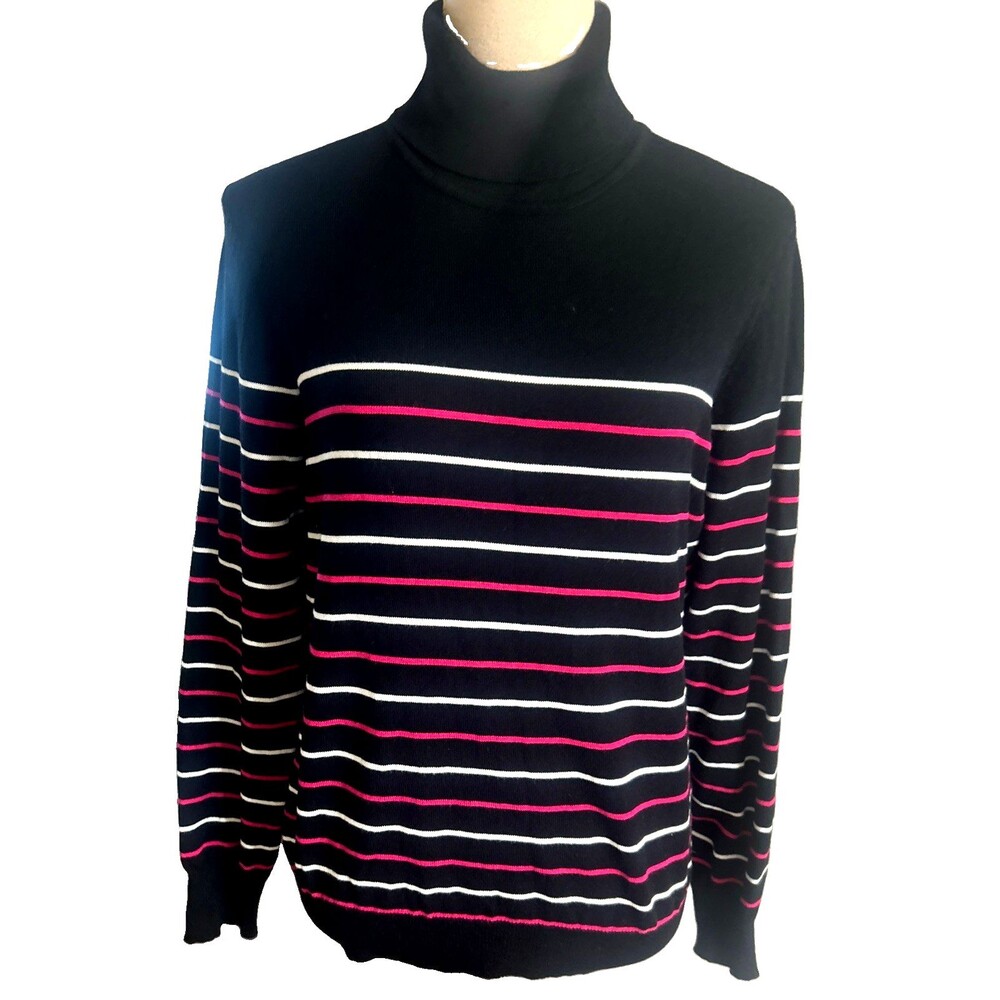 MADISON GREY Women's L Stripe  Black Pink White Turtleneck Knit Sweater
